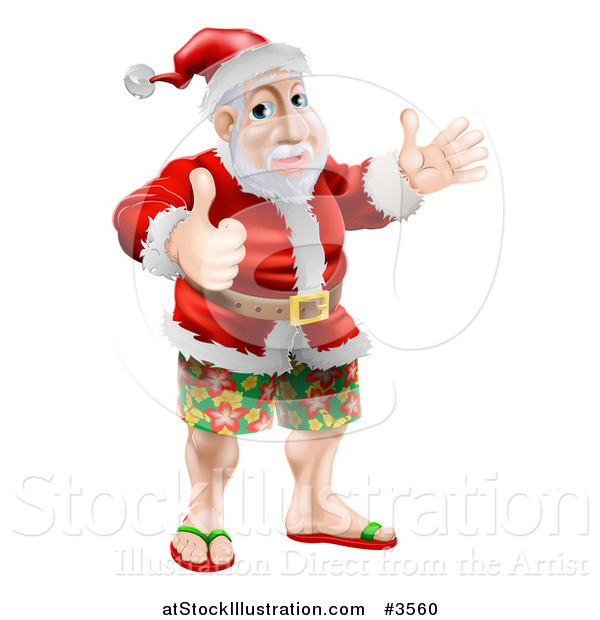 Vector Illustration of a Thumb up Happy Santa Wearing Bermuda Shorts and Sandals