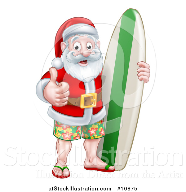 Vector Illustration of a Thumb up Summer Santa Claus with Shorts Sandals and a Surf Board