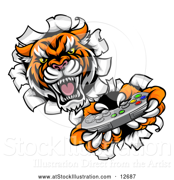 Vector Illustration of a Tiger Mascot Playing a Video Game and Breaking Through a Wall