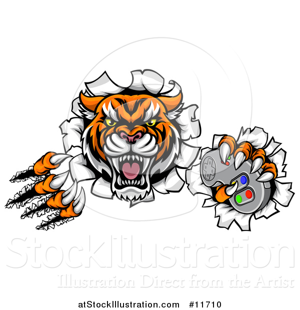 Vector Illustration of a Tiger Mascot Shredding Through a Wall and Holding a Video Game Controller