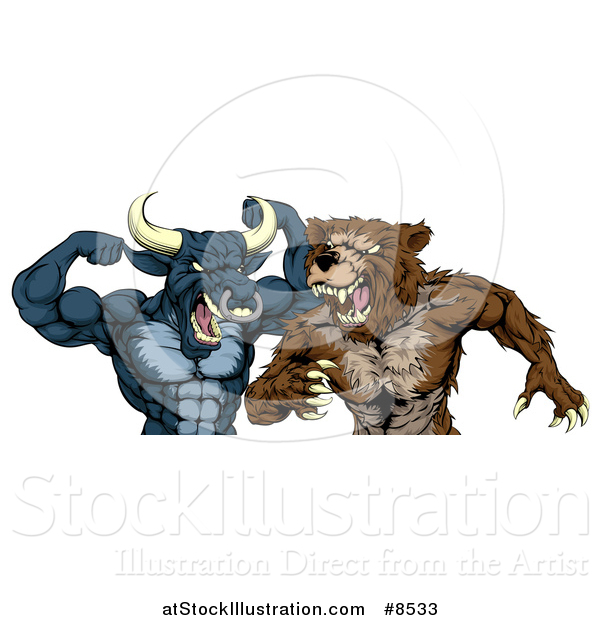 Vector Illustration of a Tough Aggressive Blue Bull Ready to Fight a Brown Bear