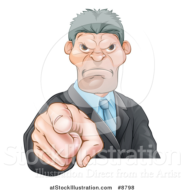 Vector Illustration of a Tough and Angry Caucasian Business Man Pointing Outwards, a Boss Pointing at an Employee