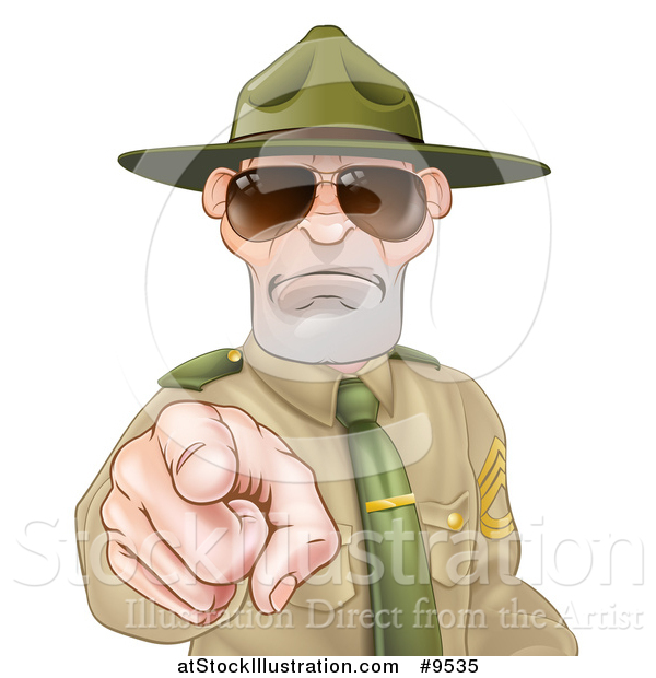 Vector Illustration of a Tough and Angry White Male Drill Sergeant Pointing Outwards and Wearing Sunglasses