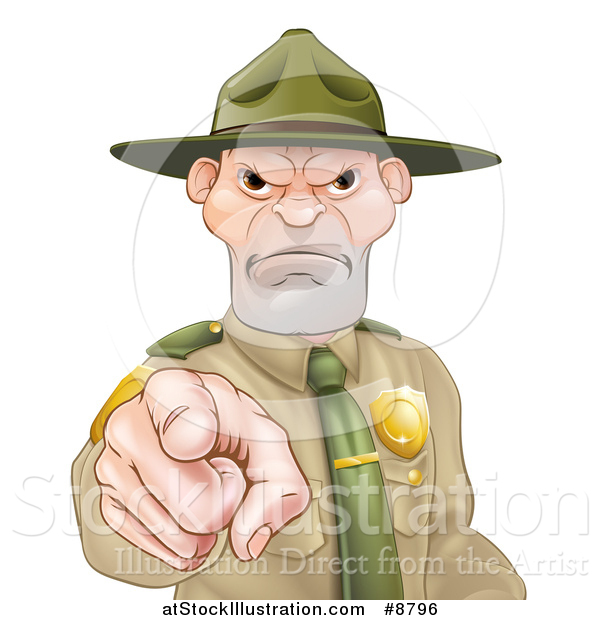 Vector Illustration of a Tough and Angry White Male Forest Ranger Pointing Outwards