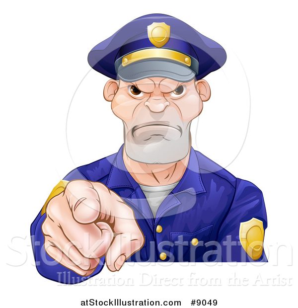 Vector Illustration of a Tough and Angry White Male Police Officer Pointing Outwards