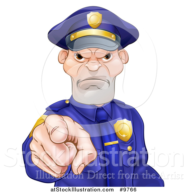 Vector Illustration of a Tough and Angry White Male Police Officer Pointing Outwards