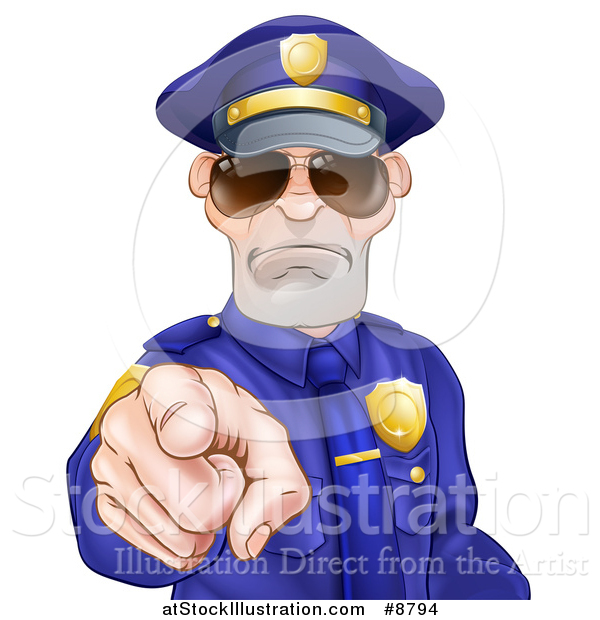 Vector Illustration of a Tough and Angry White Male Police Officer Wearing Sunglasses and Pointing Outwards