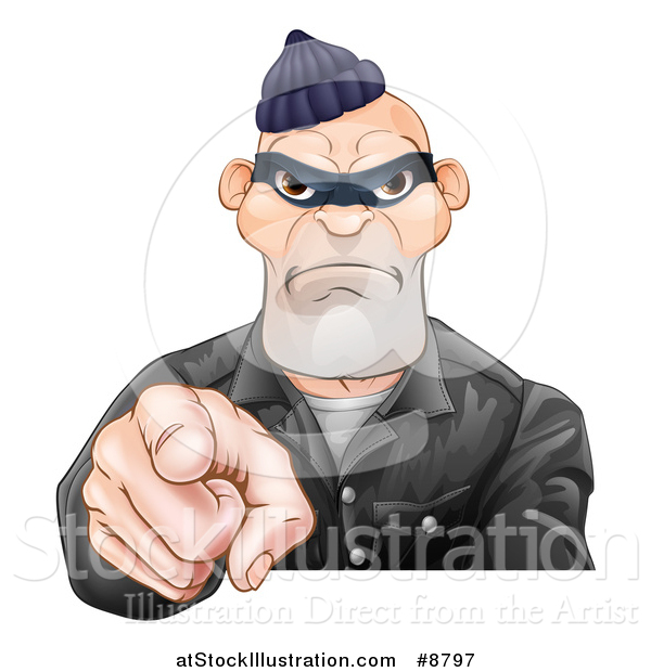 Vector Illustration of a Tough and Angry White Male Robber Pointing Outwards