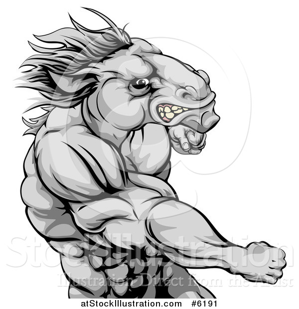 Vector Illustration of a Tough Angry Gray Muscular Horse Man Punching