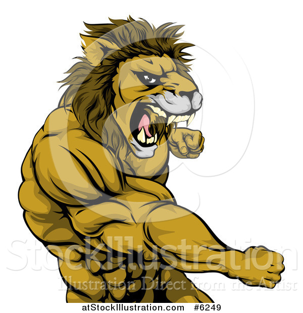 Vector Illustration of a Tough Angry Muscular Lion Man Punching and Roaring
