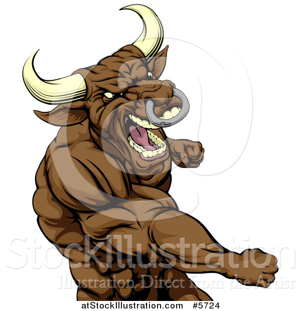 Vector Illustration of a Tough Brown Bull or Minotaur Mascot Punching