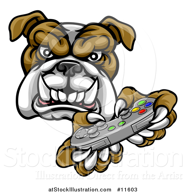 Vector Illustration of a Tough Bulldog Mascot Holding a Video Game Controller