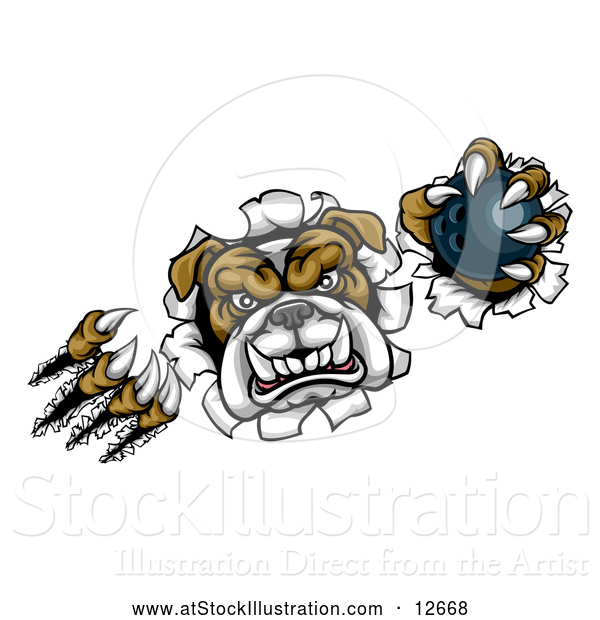 Vector Illustration of a Tough Bulldog Monster Shredding Through a Wall with a Bowling Ball in One Hand
