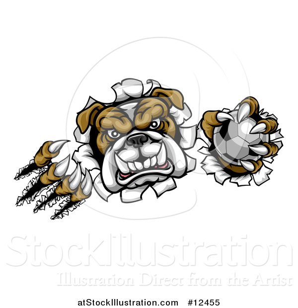 Vector Illustration of a Tough Bulldog Monster Shredding Through a Wall with a Soccer Ball in One Hand