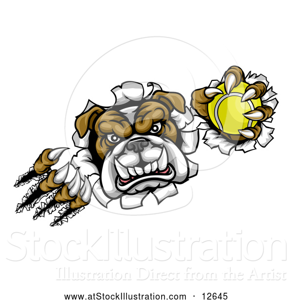 Vector Illustration of a Tough Bulldog Monster Shredding Through a Wall with a Tennis Ball in One Hand