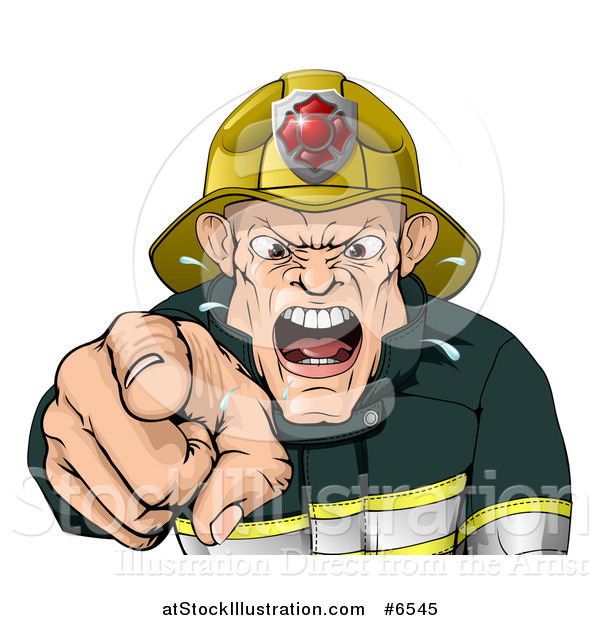 Vector Illustration of a Tough Chief Fireman Pointing Outwards and Shouting