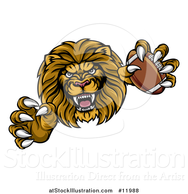 Vector Illustration of a Tough Clawed Male Lion Monster Holding a Football