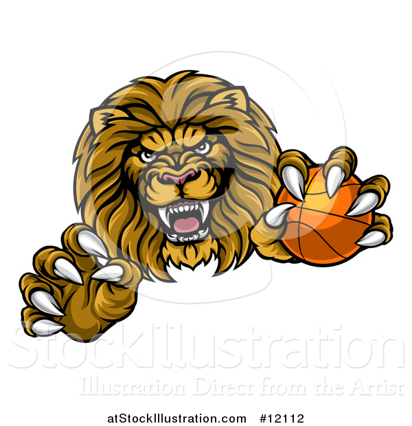 Vector Illustration of a Tough Clawed Male Lion Monster Mascot Holding a Basketball