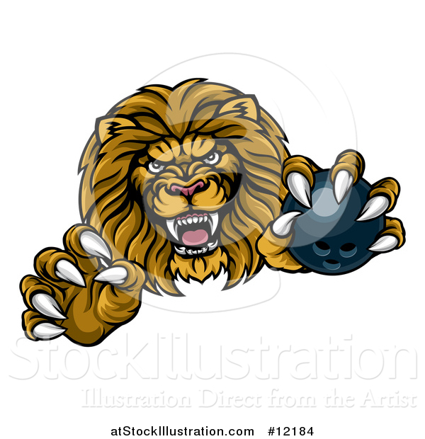 Vector Illustration of a Tough Clawed Male Lion Monster Mascot Holding a Bowling Ball