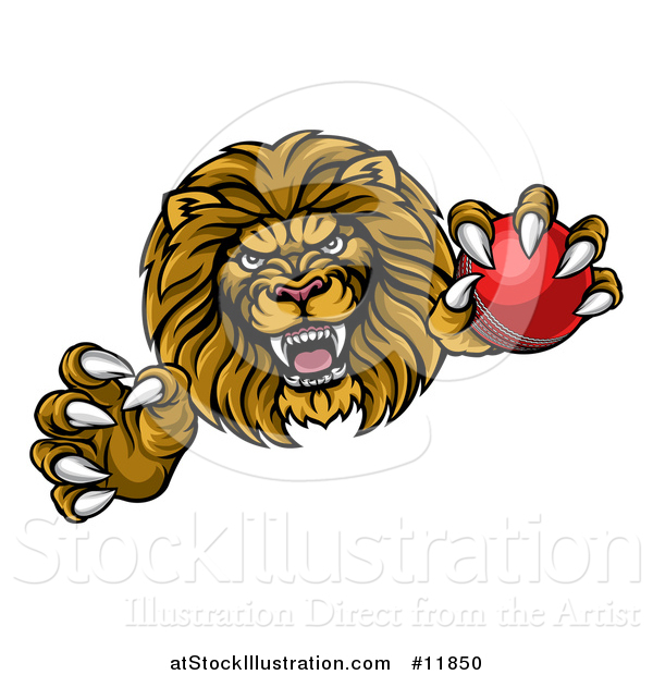 Vector Illustration of a Tough Clawed Male Lion Monster Mascot Holding a Cricket Ball