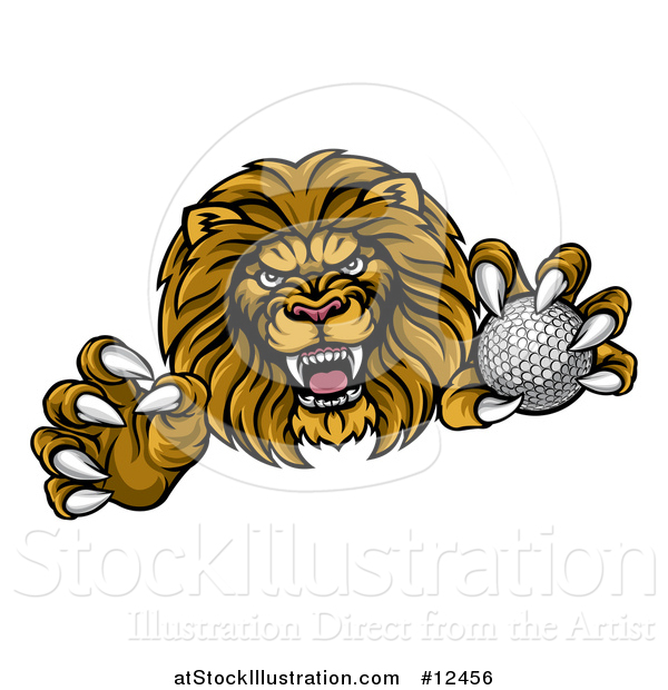 Vector Illustration of a Tough Clawed Male Lion Monster Mascot Holding a Golf Ball