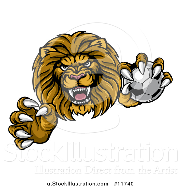 Vector Illustration of a Tough Clawed Male Lion Monster Mascot Holding a Soccer Ball