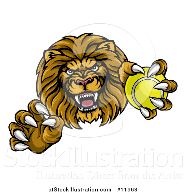 Vector Illustration of a Tough Clawed Male Lion Monster Mascot Holding a Tennis Ball