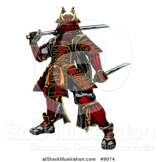Vector Illustration of a Tough Japanese Samurai Warrior Holding Swords
