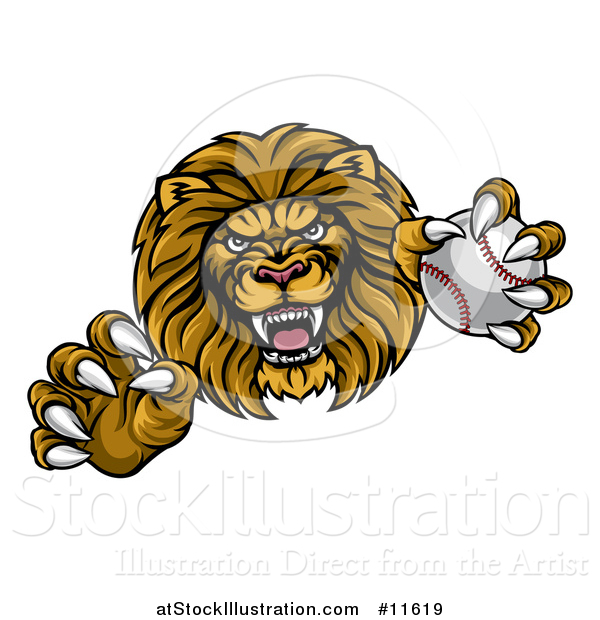 Vector Illustration of a Tough Male Lion Head Mascot Holding a Baseball