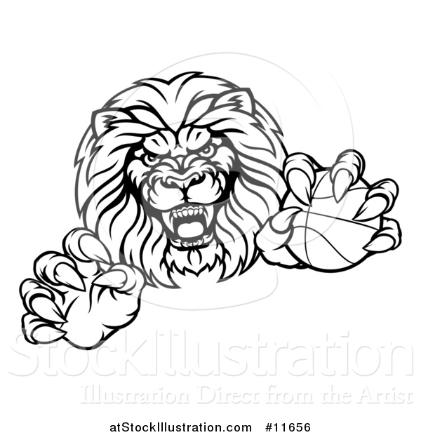 Vector Illustration of a Tough Male Lion Mascot Holding a Basketball