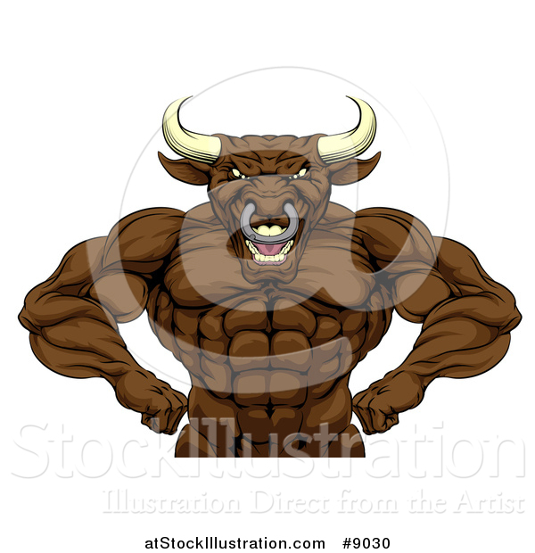 Vector Illustration of a Tough Muscular Brown Bull Man Mascot Flexing, from the Waist up