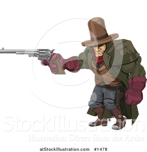 Vector Illustration of a Tough, Muscular Cowboy in a Hat and Cape, at the Ready with a Pistil