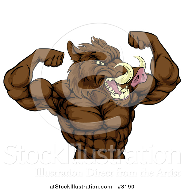 Vector Illustration of a Tough Razorback Boar Man Flexing His Bicep Muscles, from the Waist up