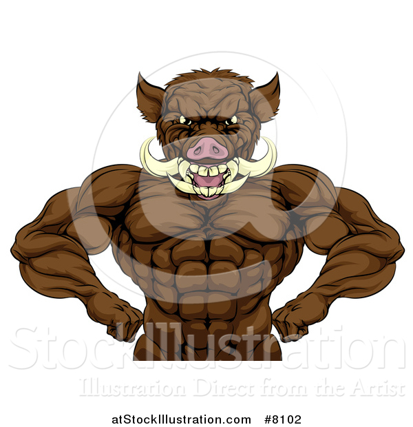 Vector Illustration of a Tough Razorback Boar Man Flexing His Muscles, from the Waist up