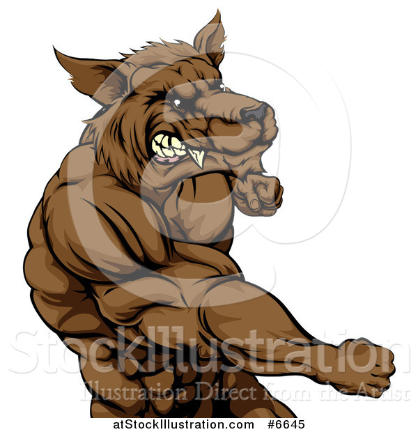 Vector Illustration of a Tough Vicious Muscular Brown Wolf Man Punching
