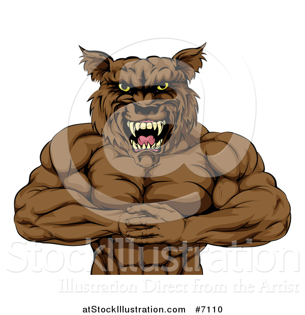 Vector Illustration of a Tough Vicious Muscular Brown Wolf Man Punching His Fist into Palm