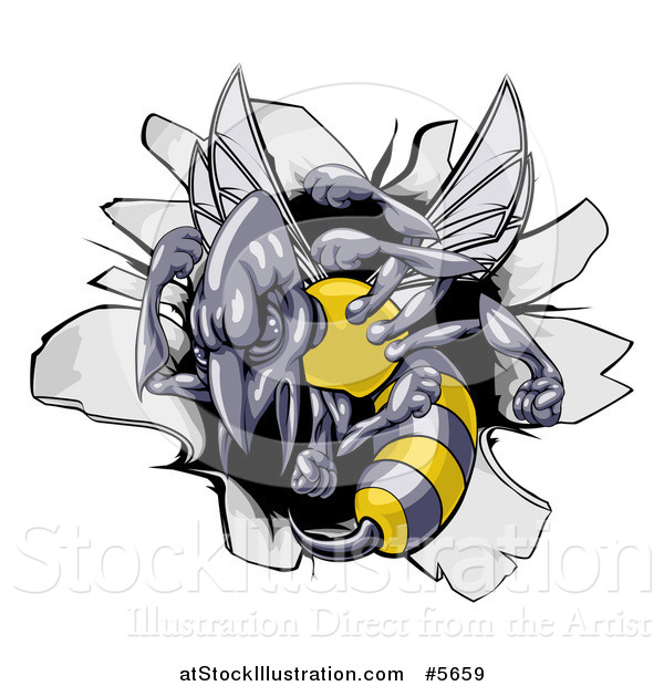 Vector Illustration of a Tough Wasp over a Hole in a Wall