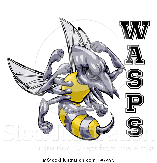 Vector Illustration of a Tough Wasp Sports Team Mascot Holding up Fists by Text