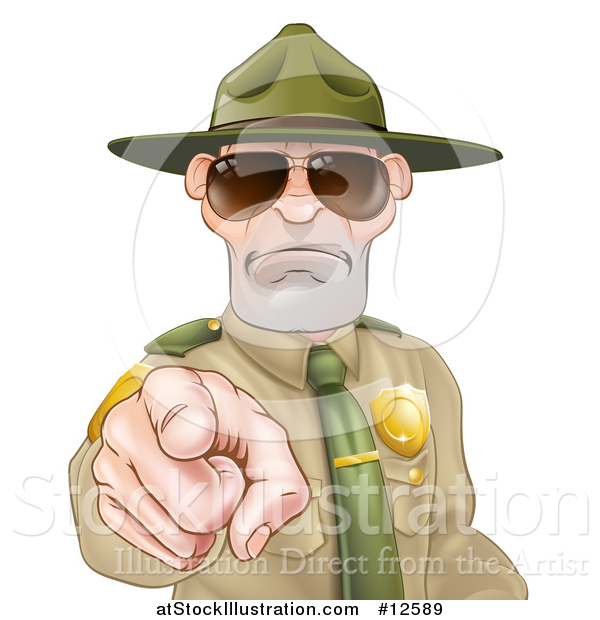 Vector Illustration of a Tough White Male Drill Sergeant Pointing Outwards and Wearing Sunglasses