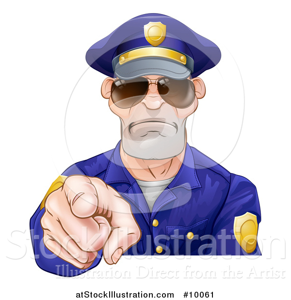 Vector Illustration of a Tough White Male Police Officer Wearing Sunglasses and Pointing Outwards