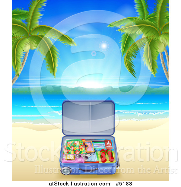 Vector Illustration of a Travel Suitcase on a Tropical Becah with Palm Trees