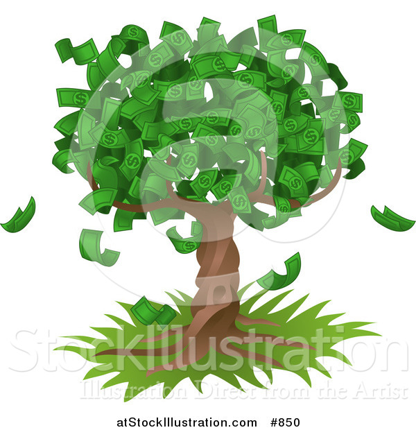 Vector Illustration of a Tree Growing an Abundant Amount of Dollar Bills, Symbolising Environmental Expenses, Trust Funds, Riches, Etc