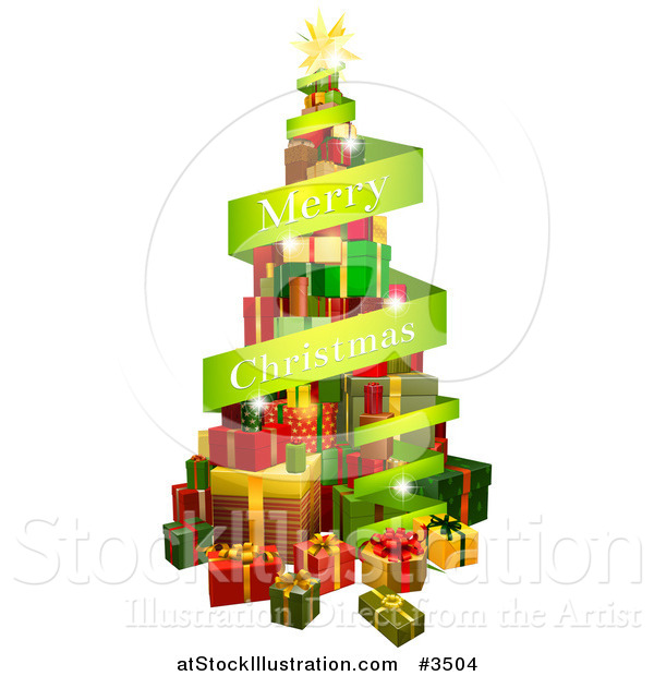 Vector Illustration of a Tree of Gifts and Merry Christmas Greeting Banner