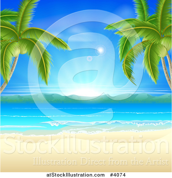 Vector Illustration of a Tropical Beach Framed by Palm Trees, with White Sand and Sunshine