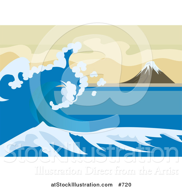 Vector Illustration of a Tsunami Wave near Mount Fuji, Inspired by the Great Wave off Kanagawa by Katsushika Hokusai