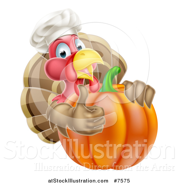 Vector Illustration of a Turkey Bird Chef Holding a Thumb up Around a Thanksgiving Pumpkin