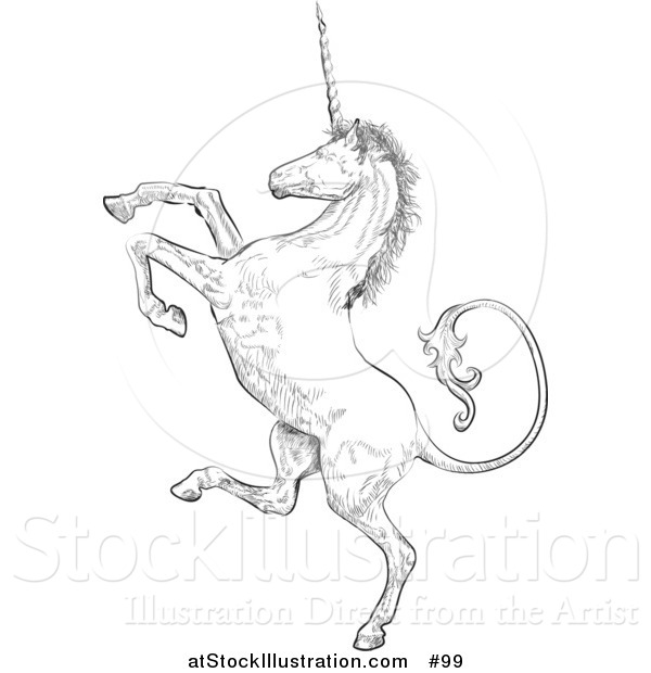 Vector Illustration of a Unicorn Rearing up on His Hind Legs - Black and White Version