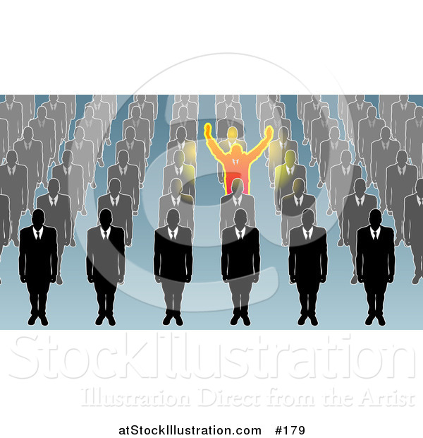 Vector Illustration of a Unique Business Man Holding His Arms Up, Surrounded by Men in Rows