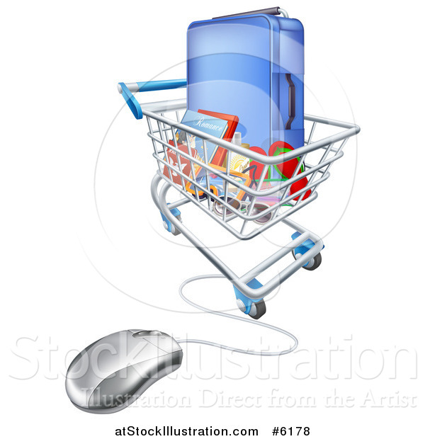 Vector Illustration of a Vacation Travel Booking Shopping Cart with Luggage and a Computer Mouse