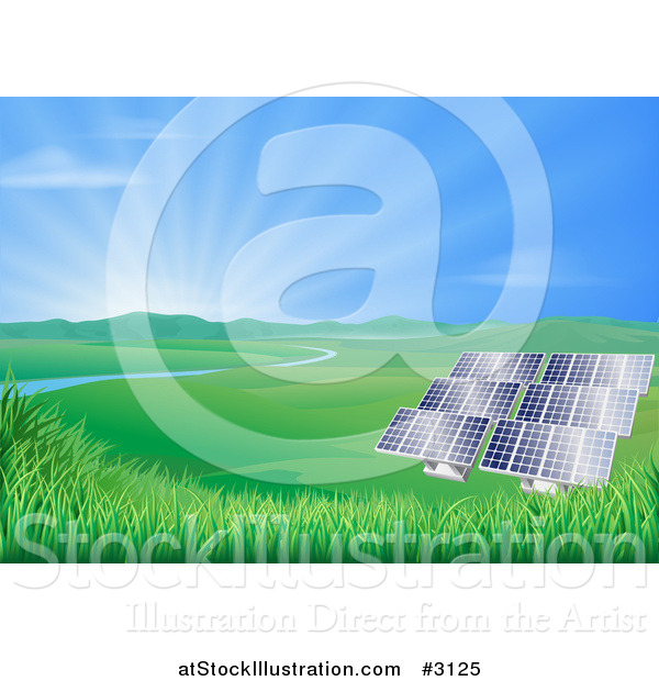 Vector Illustration of a Valley with Solar Panels Creating Sustainable Energy